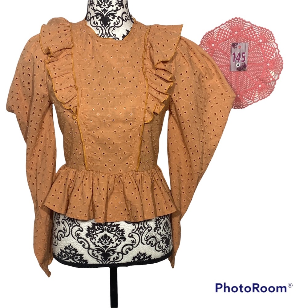 Olivaceous Mock Neck Long Sleeve Ruffled Eyelet Hobo Blouse Back Zippered NWT